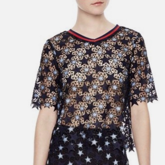 Sandro All-Over Lace Top Stars Star Pattern Patriotic Red Blue Size Medium - Picture 2 of 5